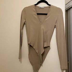 Zara V-Neck Long Sleeve Bodysuit - Beige